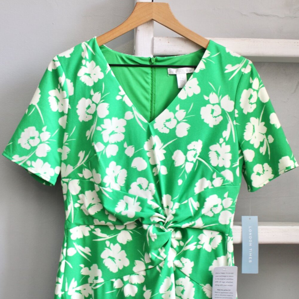 LONDON TIMES Twisted Sheath Floral Short Sleeve Dress Green & White Size 8 NWT - Picture 5 of 8